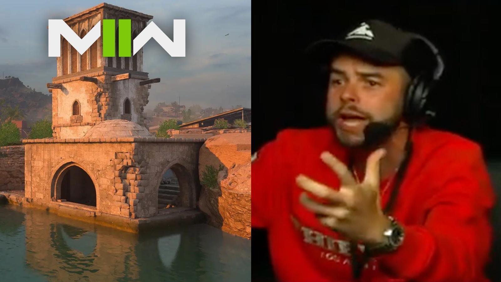 Nadeshot getting angry in Twitch stream on right hand side of image. On the left, Zarqwa Hydroelectric with Modern Warfare 2 logo