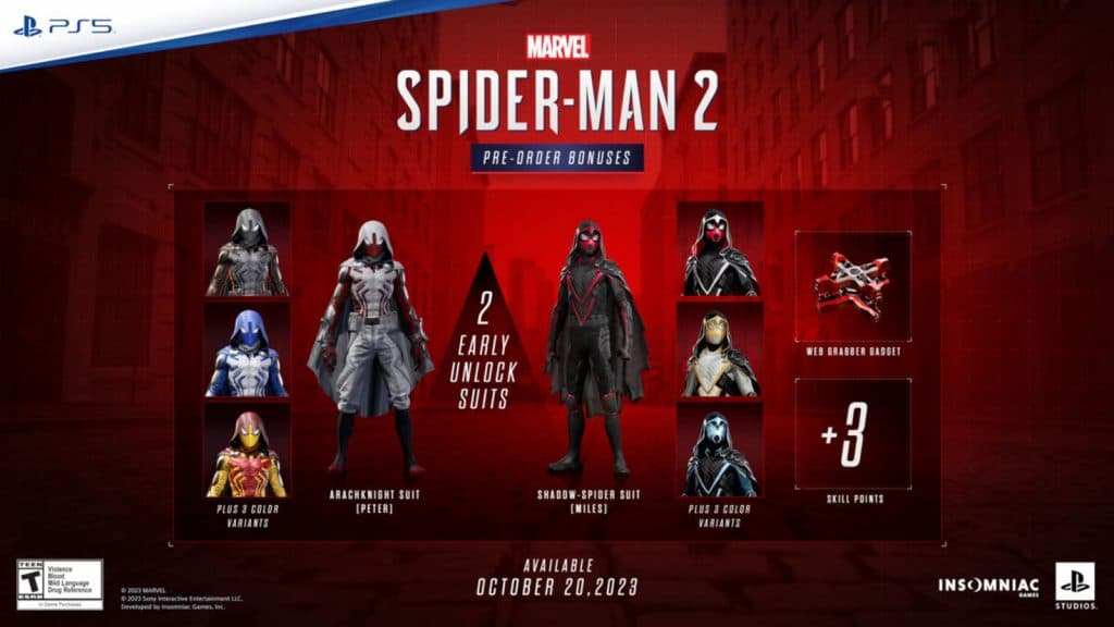 An image of Marvel's Spider-Man 2 pre-order bonuses for the standard edition.