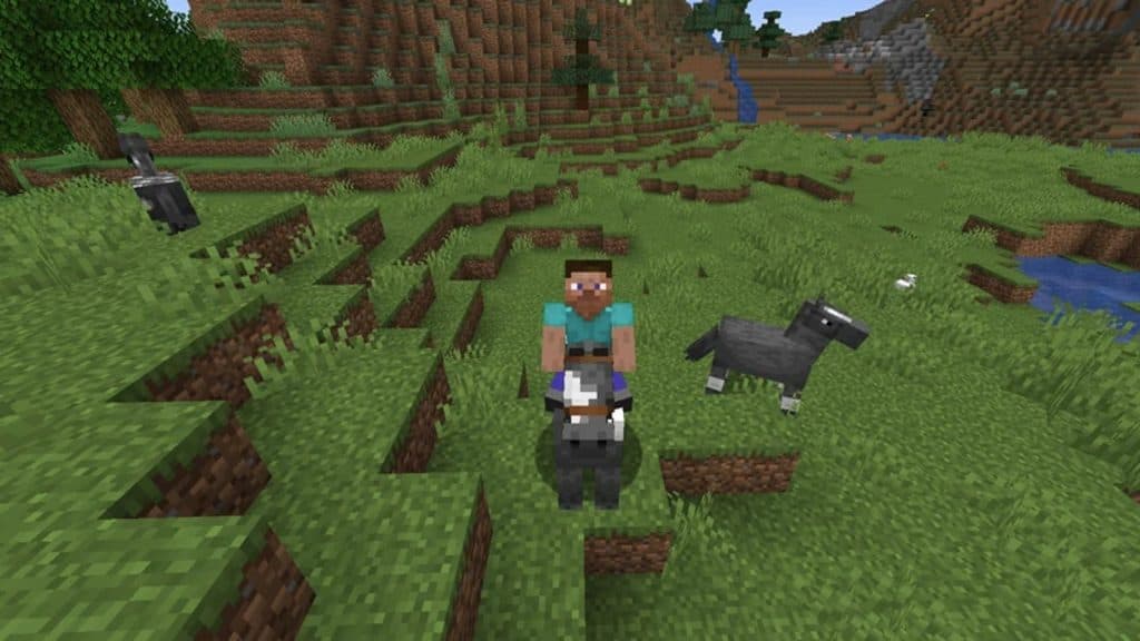 An image of a Minecraft player riding a horse using a saddle.