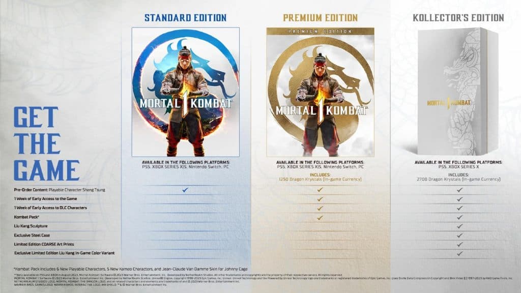 An image of the different Mortal Kombat 1 editions and pre-order bonuses.