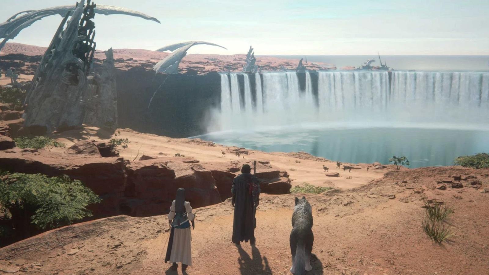 Final Fantasy characters looking at a waterfall