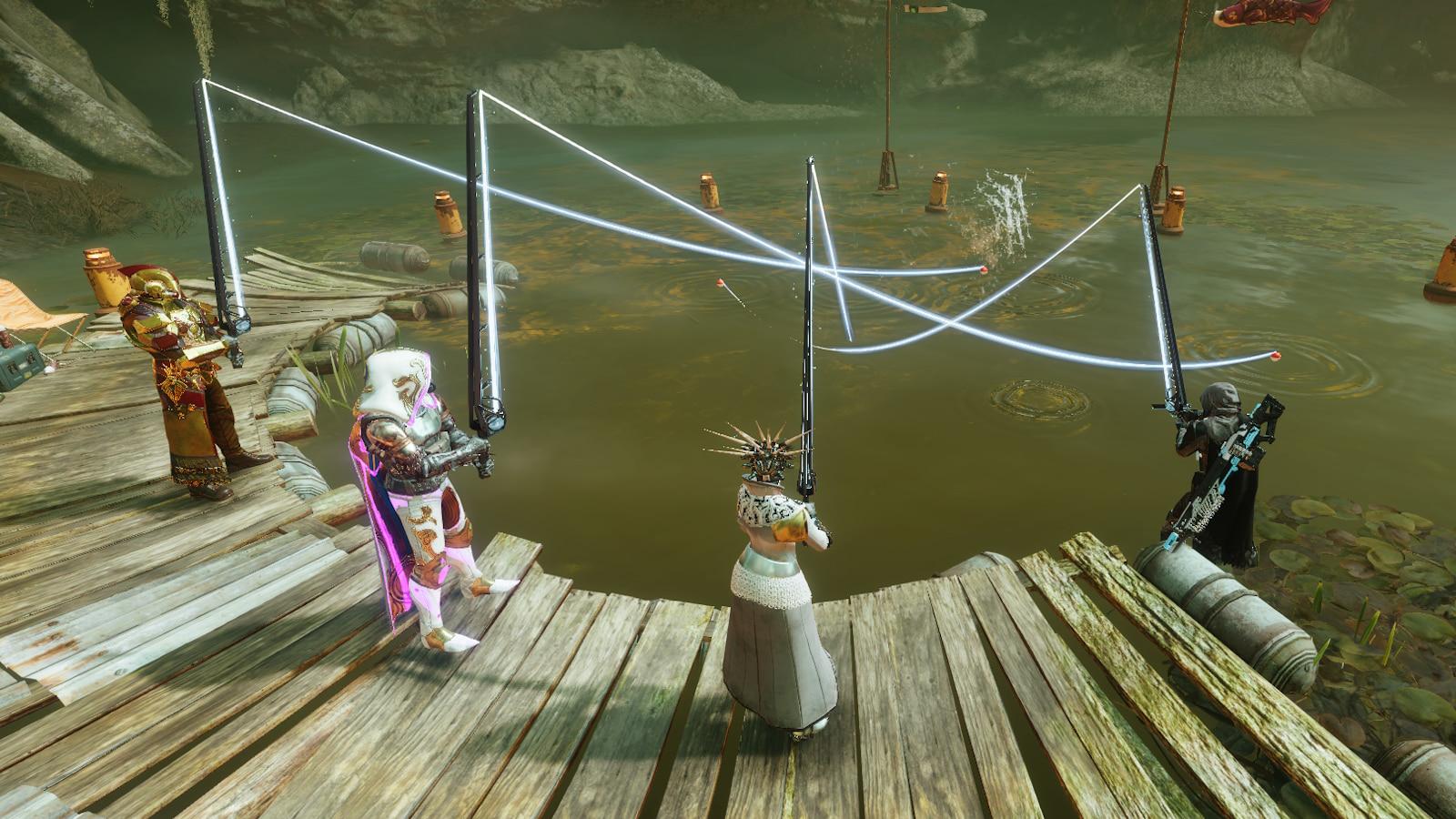 Four players fishing on Throne World to complete Fishing Rally quest in Destiny 2.