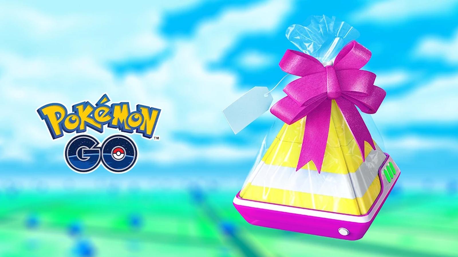 Pokemon GO gift and logo with overworld map in background.