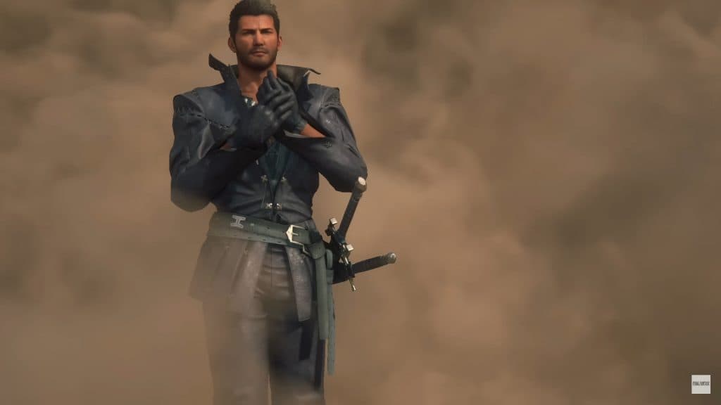 A screenshot of Cid from Final Fantasy XVI