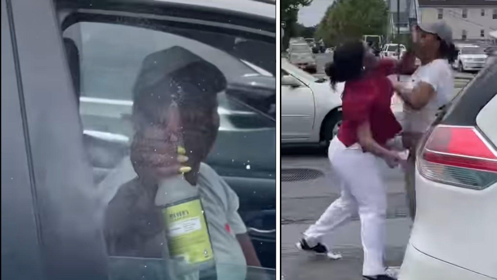 woman spraying fluid; two women fighting