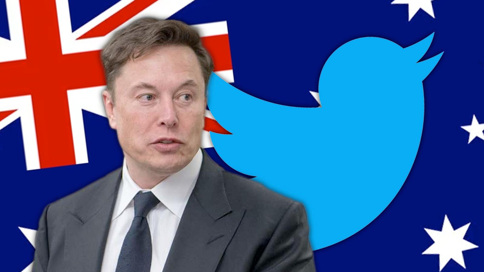 Elon Musk, head of Twitter and Australian flag in background with the Twitter logo