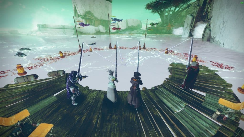 A group of players fishing at Nessus Pond in Destiny 2.