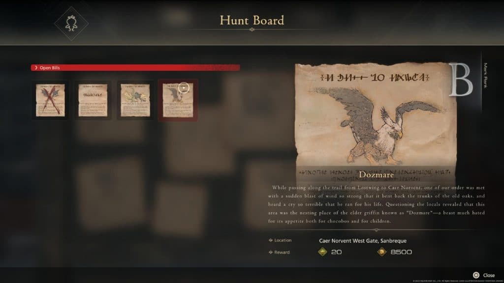 An image of the hunt board in Final Fantasy 16.