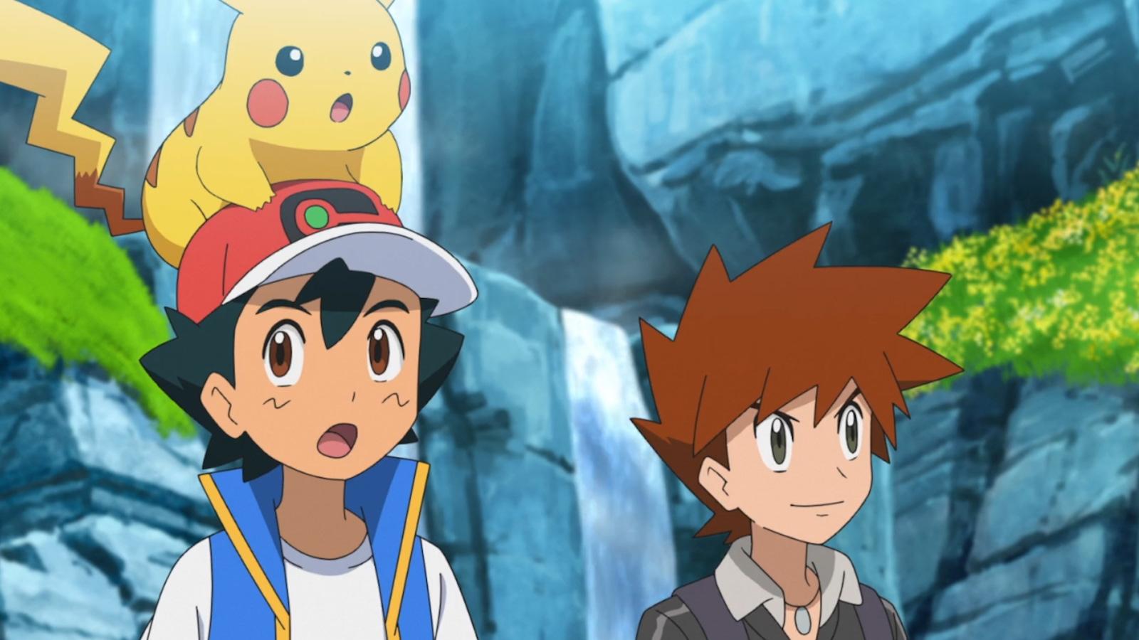 Ash, Gary, and Pikachu looking for Moltres for Project Mew trial.