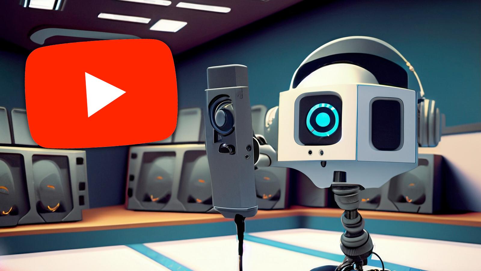 ai generated image of a robot in a recording booth with the youtube logo behind it