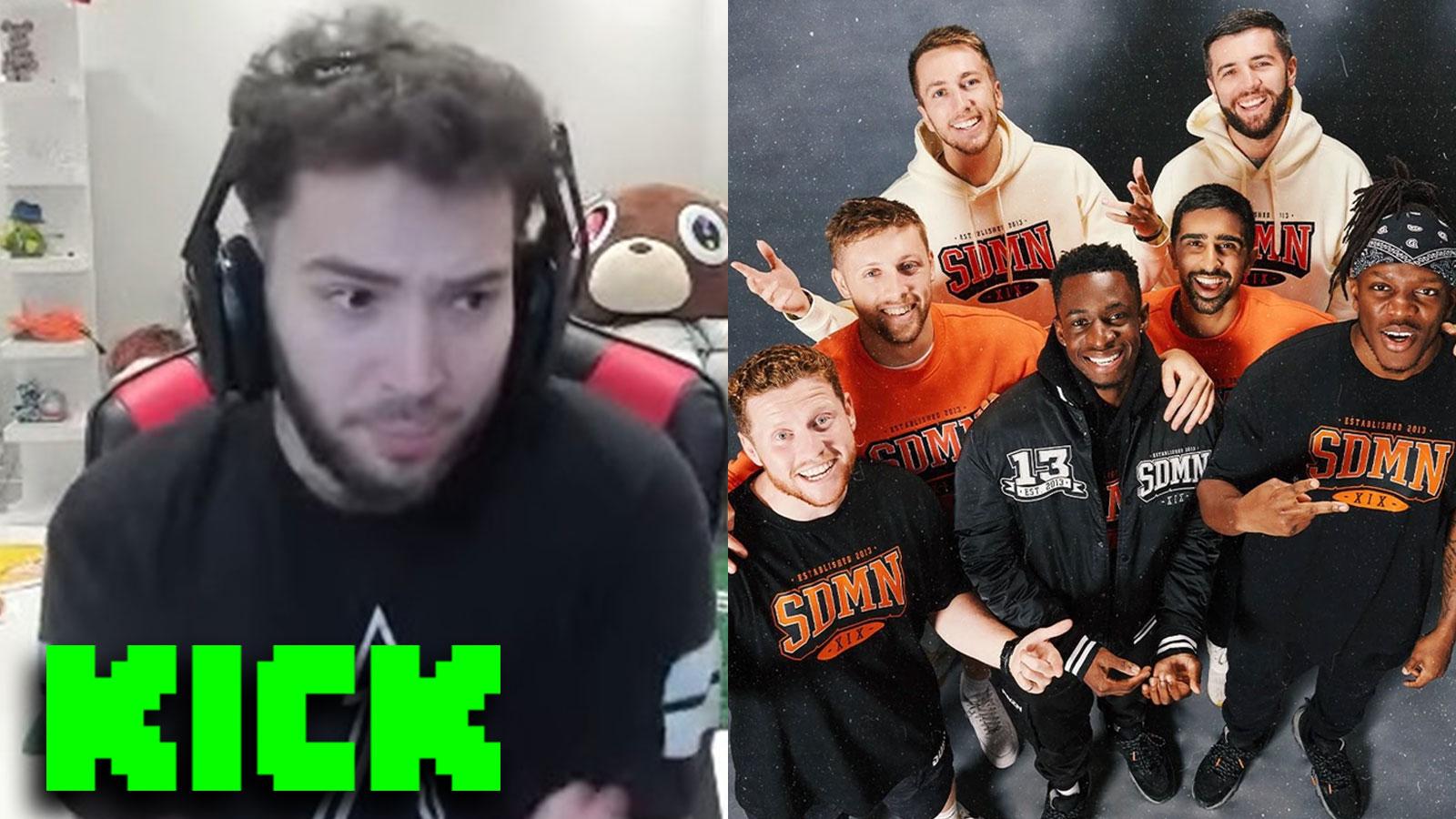 Kick star Adin Ross next to a picture of YouTube group Sidemen.