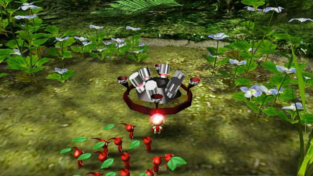 Pikmin and Olimar find his rocket ship's engine.