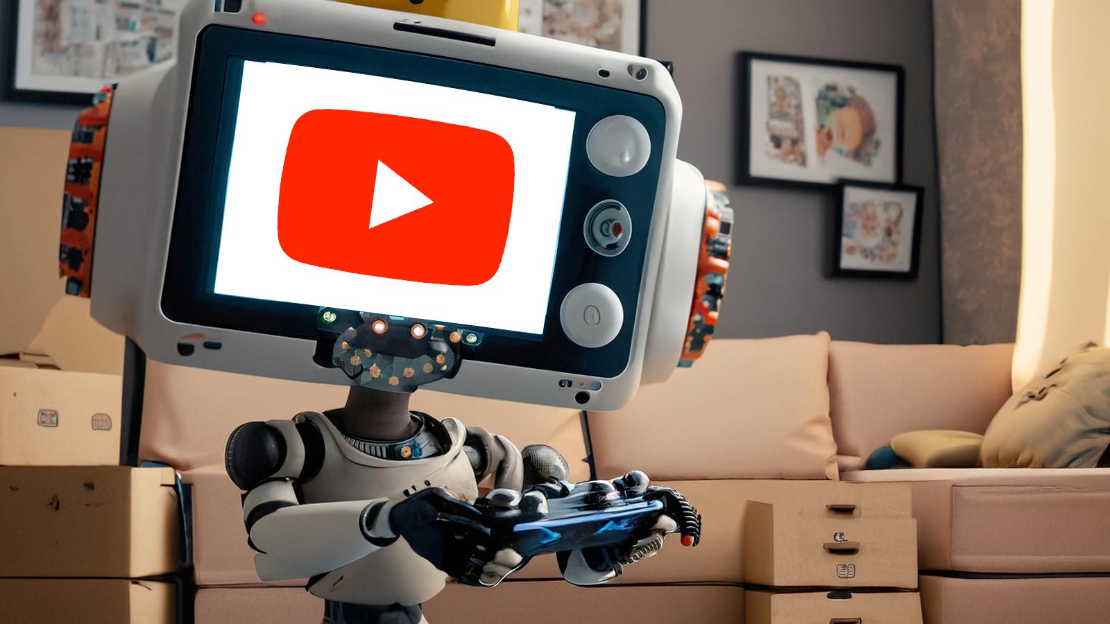 AI generated image of a robot playing games with the youtube logo for a face