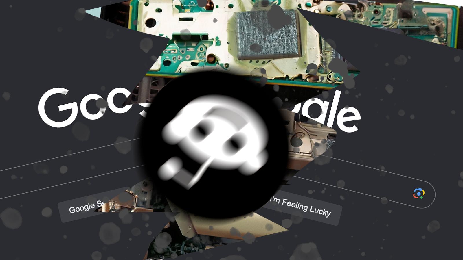 Reddit logo smashing Google Search with AI generated image of old computer parts underneath