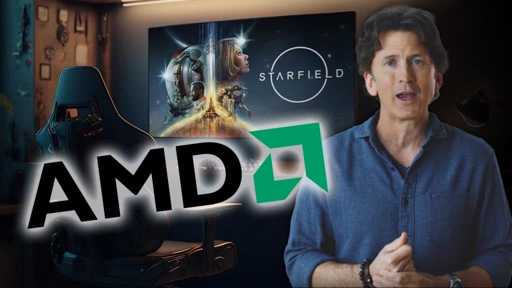 Todd Howard, AMD logo and artwork of a PC set up playing Starfield taken from advert