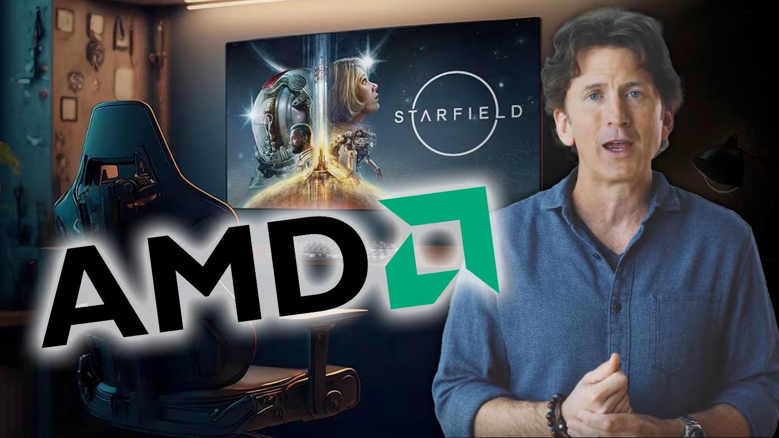 Todd Howard, AMD logo and artwork of a PC set up playing Starfield taken from advert