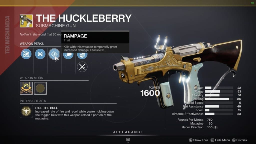 The Rampage perk on Huckleberry in Destiny 2