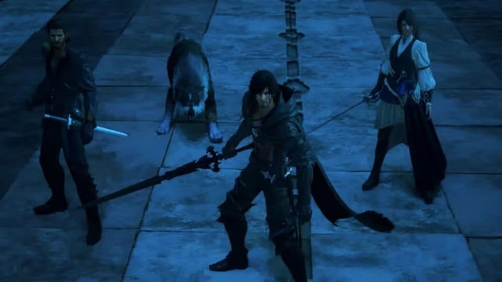 An image of Clive, Jill, Cid, and Torgal in Final Fantasy 16.