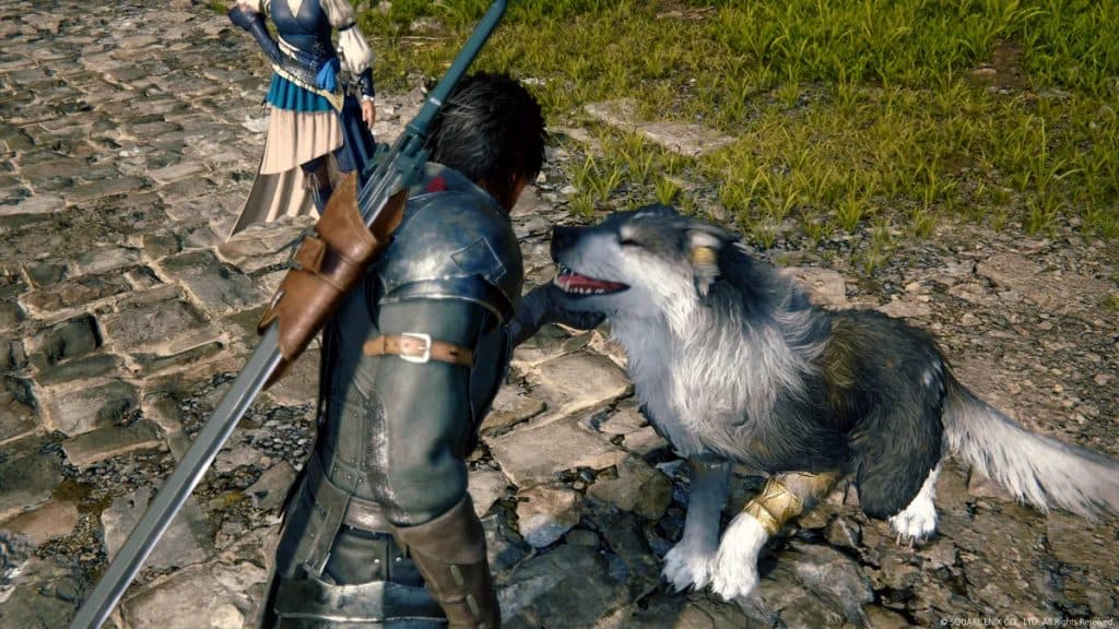A screenshot of Clive petting Torgal in Final Fantasy 16
