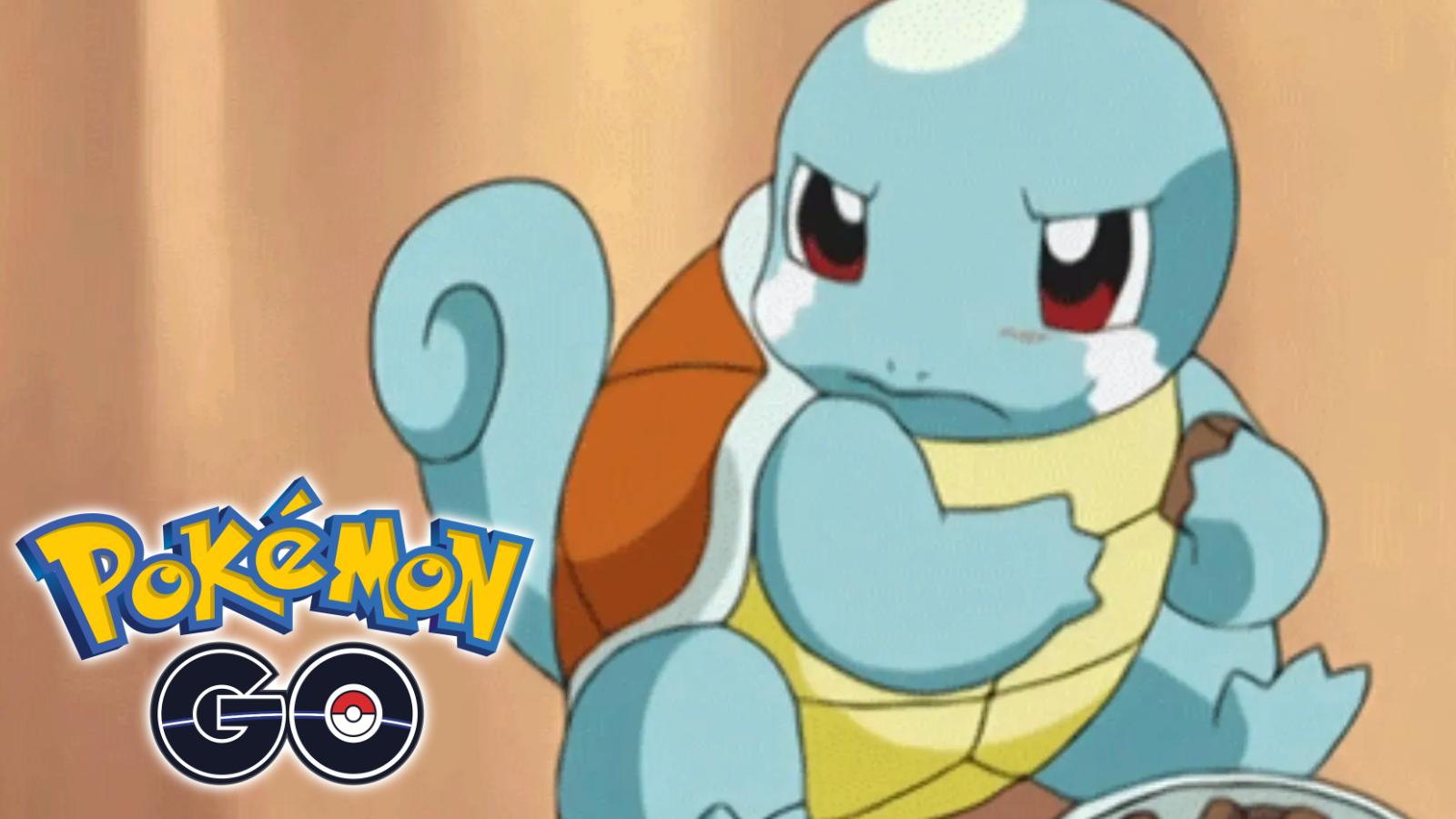 Squirtle looking at Pokemon Go logo