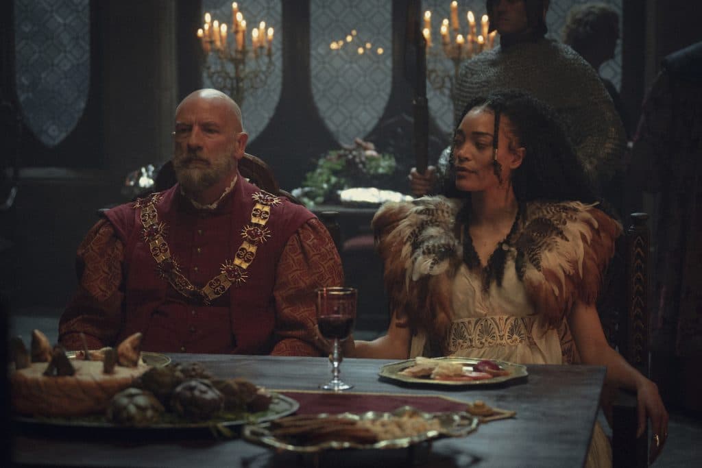 Graham McTavish and Cassie Clare as Dijkstra and Philippa in The Witcher