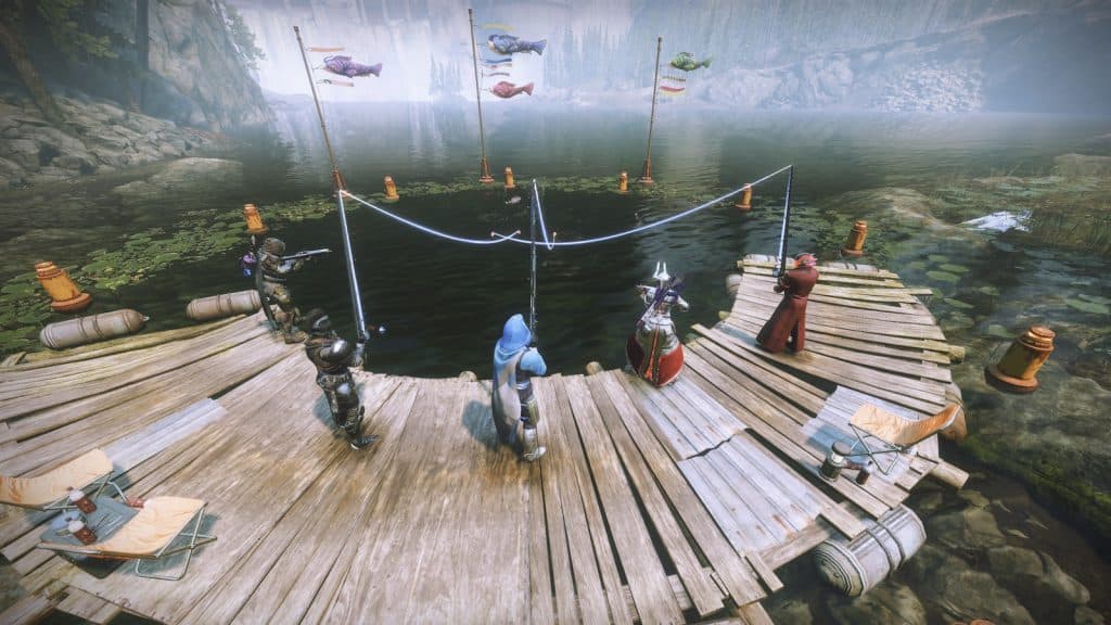 Fishing with other players at Nessus Pond in Destiny 2.