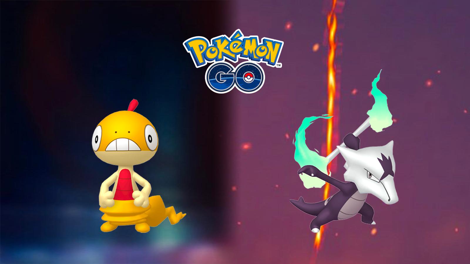 Scraggy and Alolan Marowak appearing in the Dark Flames Timed Research