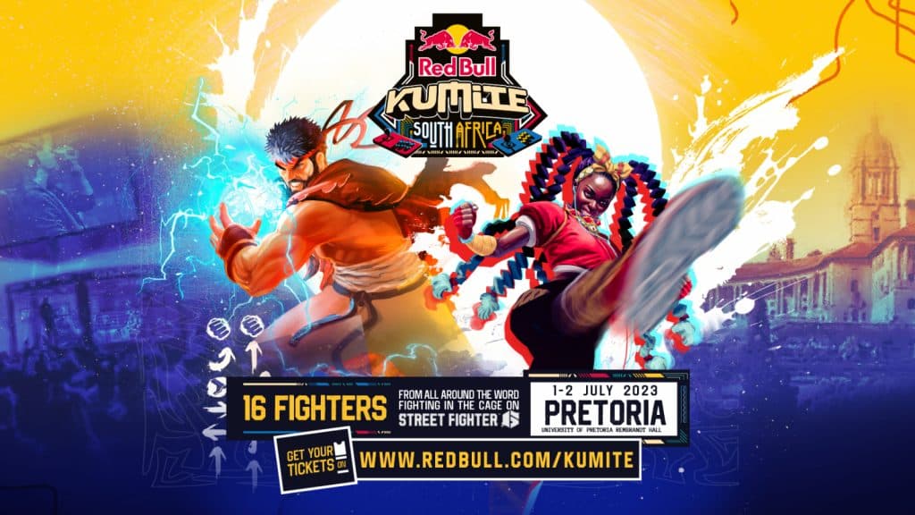 REd Bull Kumite promotional artwork featuring Ryu and Kimberly on a Blue and Yellow background