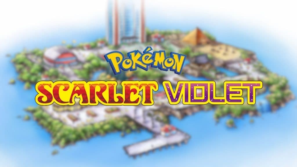 Pokemon Scarlet & Violet logo in front of blurred imagine of Hoenn's Battle Frontier.