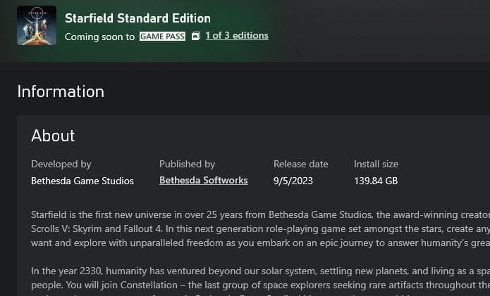 Starfield File Size on Xbox Microsoft Store