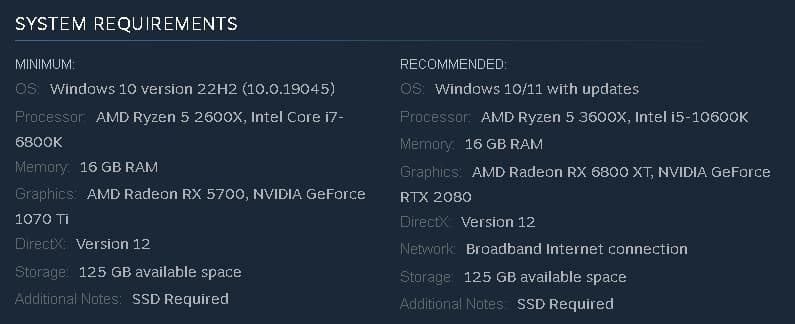 Starfield system requirements from Steam page.