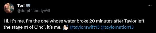 Tori's water breaks at Taylor Swift concert