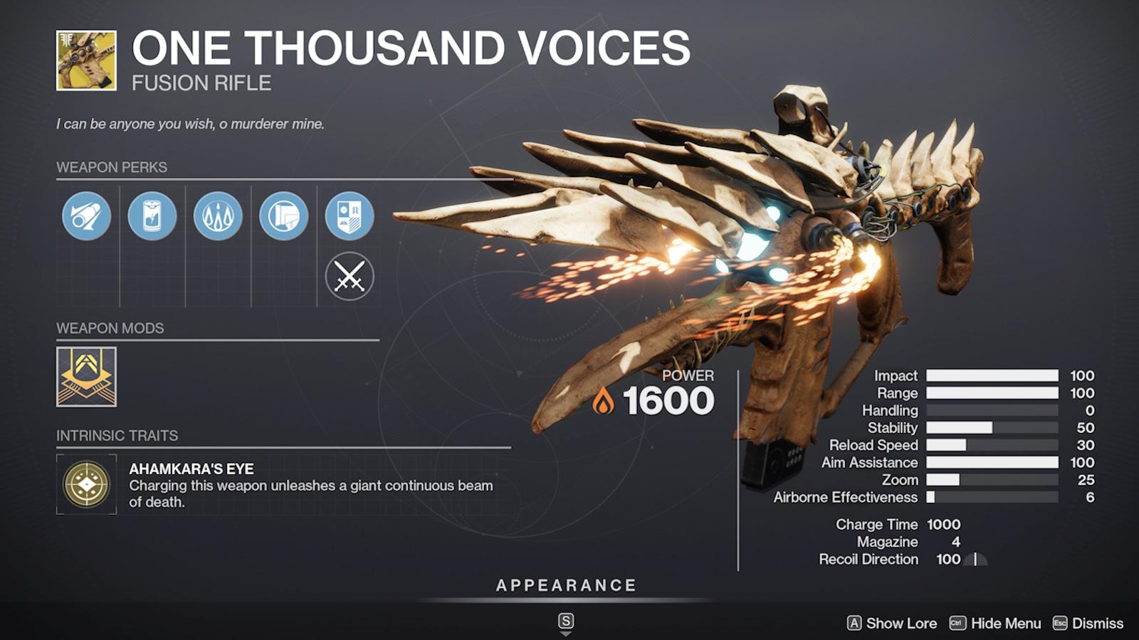 The One Thousand Voices Exotic Fusion Rifle Heavy Weapon from Destiny 2.