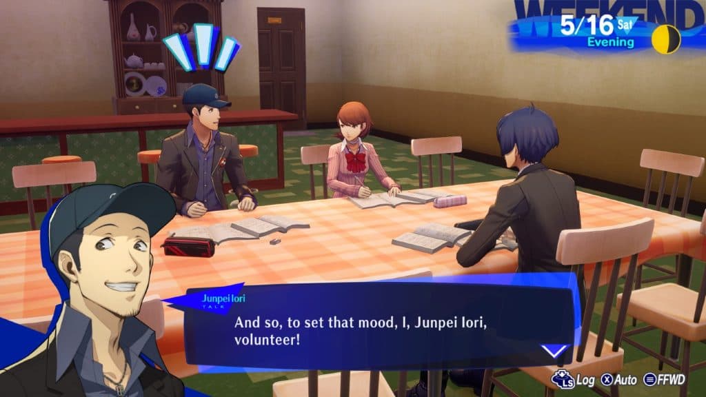 A screenshot from Persona 3 Reload featuring three of the main character talking around a table.