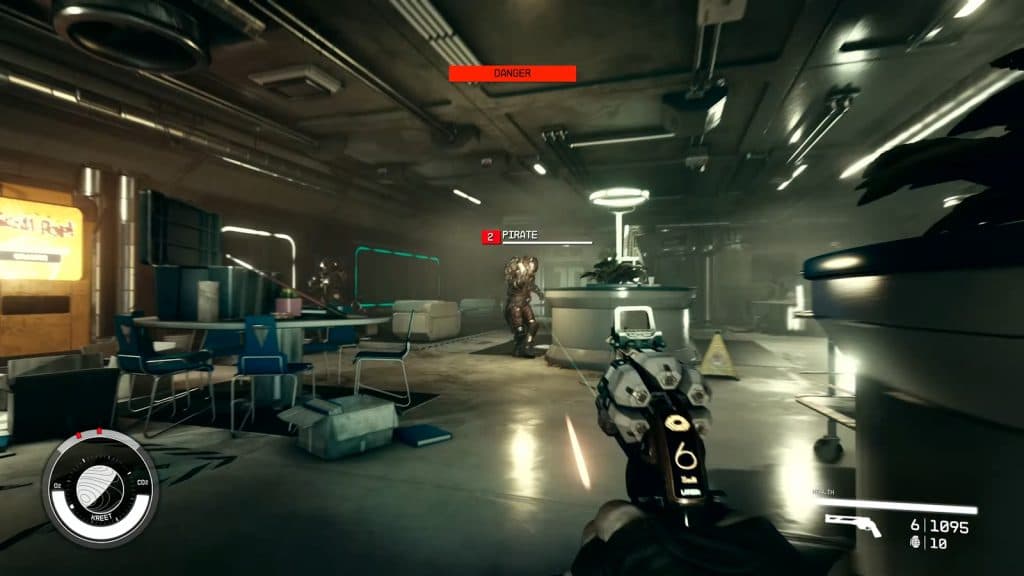 Starfield gameplay from trailer with player attacking a base with a revolver handgun.
