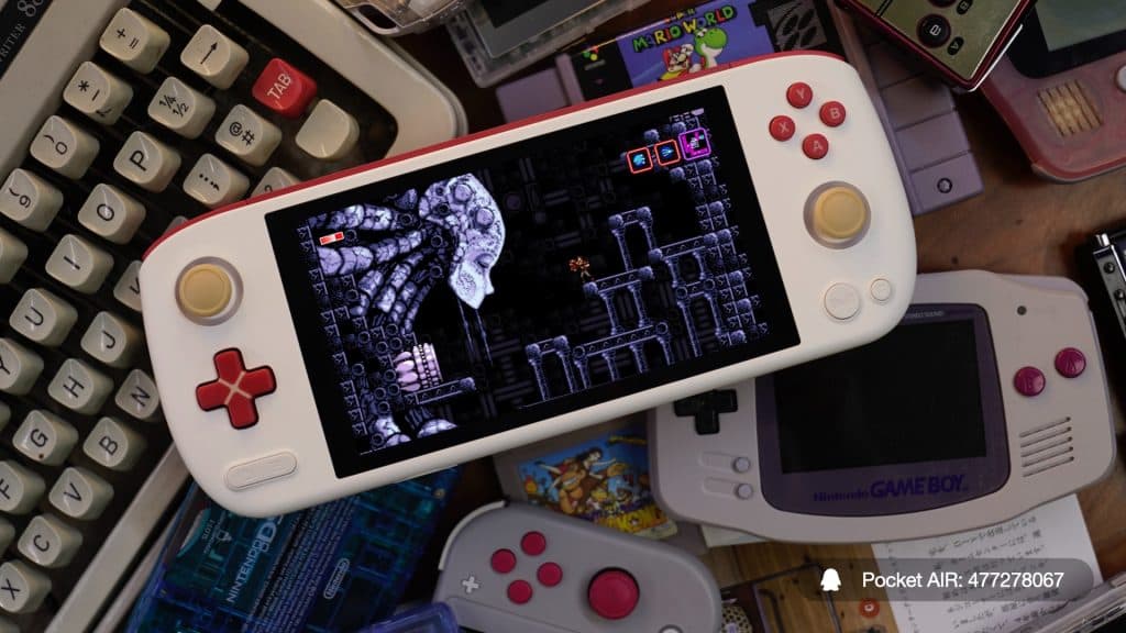 Ayaneo Pocket Air surrounded by retro games, playing Axiom verge