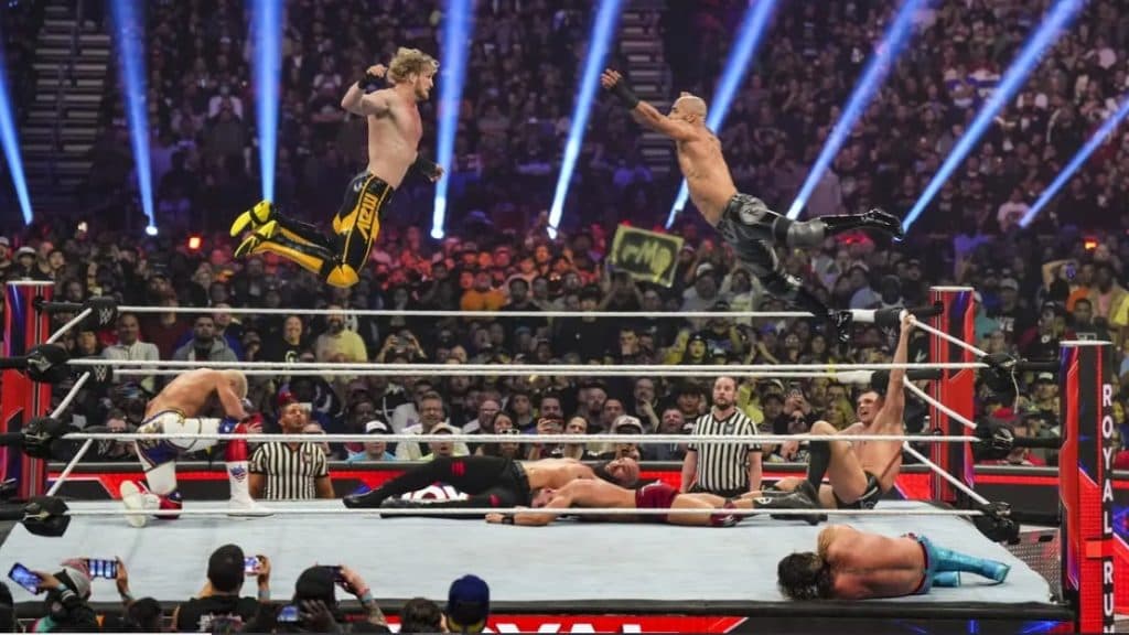 Logan Paul and Ricochet flying forearm Royal Rumble