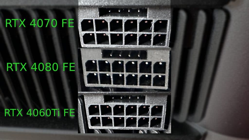 $070, 4060 Ti and 4080 power connectors labelled, the 4070 and 4060 Ti have shorter sense pins