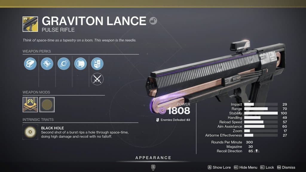 The Graviton Lance Exotic Pulse Rifle from Destiny 2.