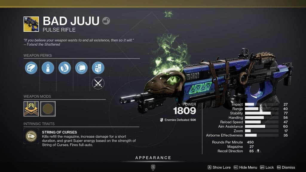 The Bad Juju Exotic Pulse Rifle in Destiny 2.
