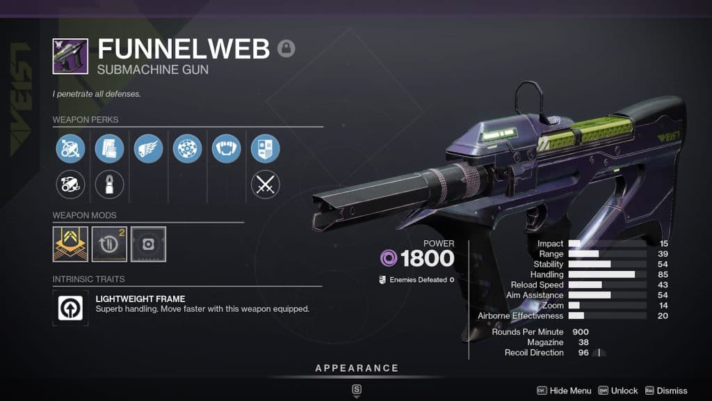 The Funnelweb Void SMG in Destiny 2.