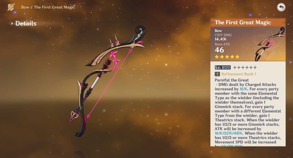 A screenshot of Lyney's bow in Genshin Impact