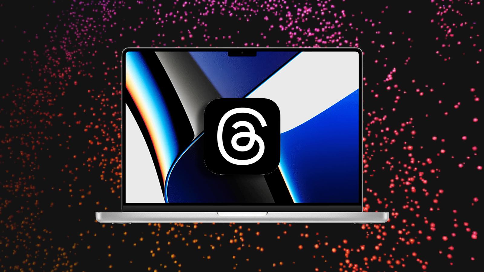 Threads logo on a Macbook on the Threads Website's splash page as a background