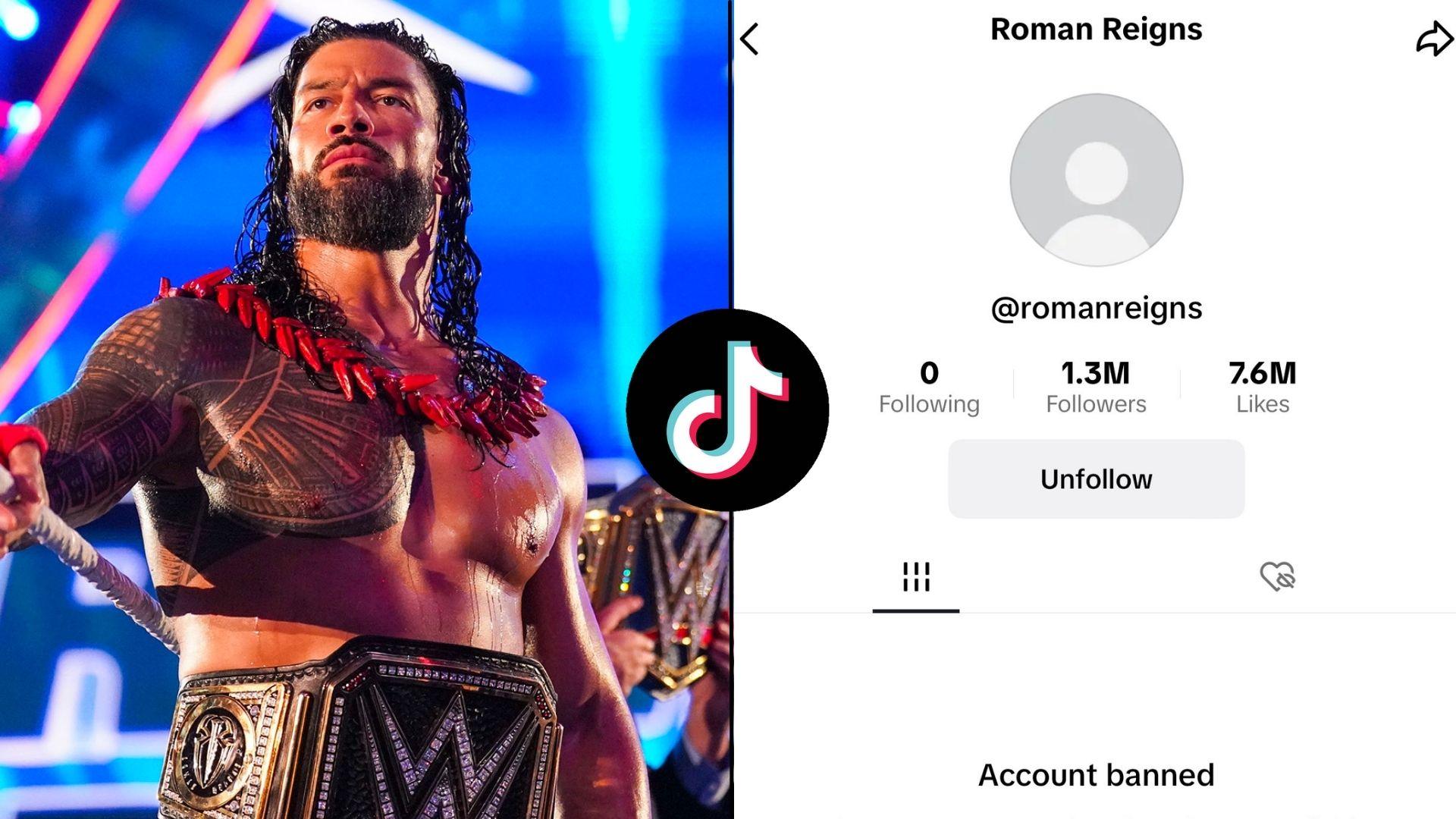 Roman Reigns posing with WWE championship side-by-side with screenshot of banned TikTok account