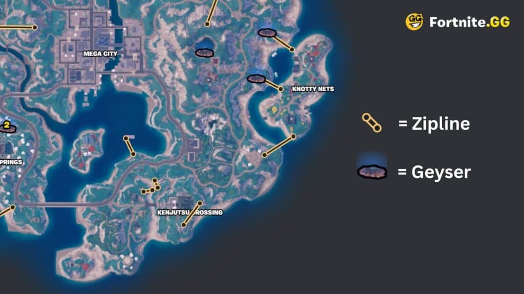 Fortnite Map with marked Geysers and Ziplines