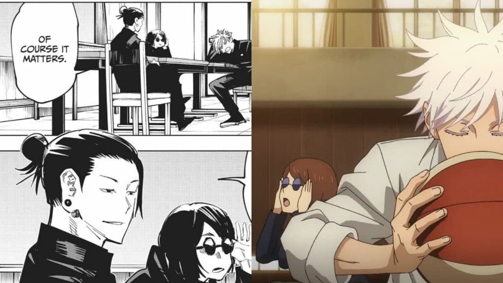 A comparison image of Jujutsu Kaisen Season 2 episode 1 from manga