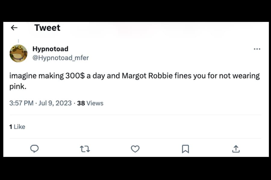 A tweet dissing Margot Robbie fining Barbie cast and crew for not wearing pink