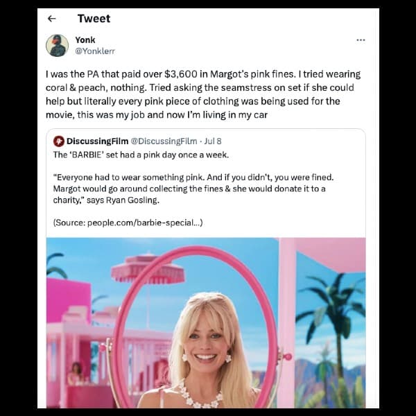 A tweet joking about Margot Robbie fining Barbie cast and crew for not wearing pink