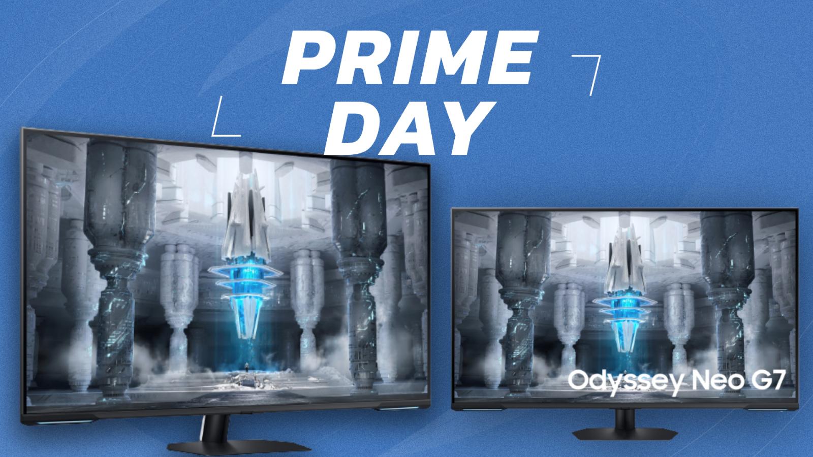 Samsung monitors on Prime Day banner with blue background