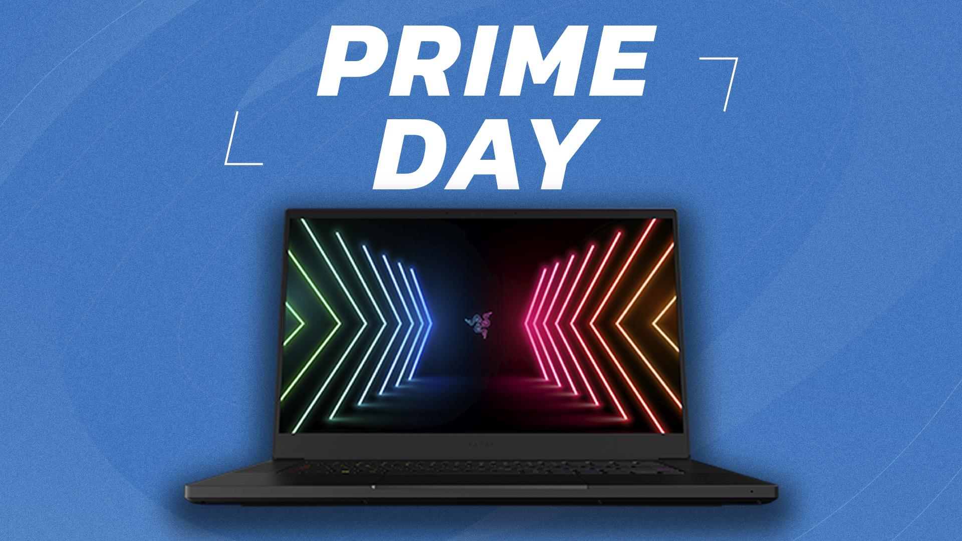 Razer Blade 15 on blue Prime Day background with prime day lettering